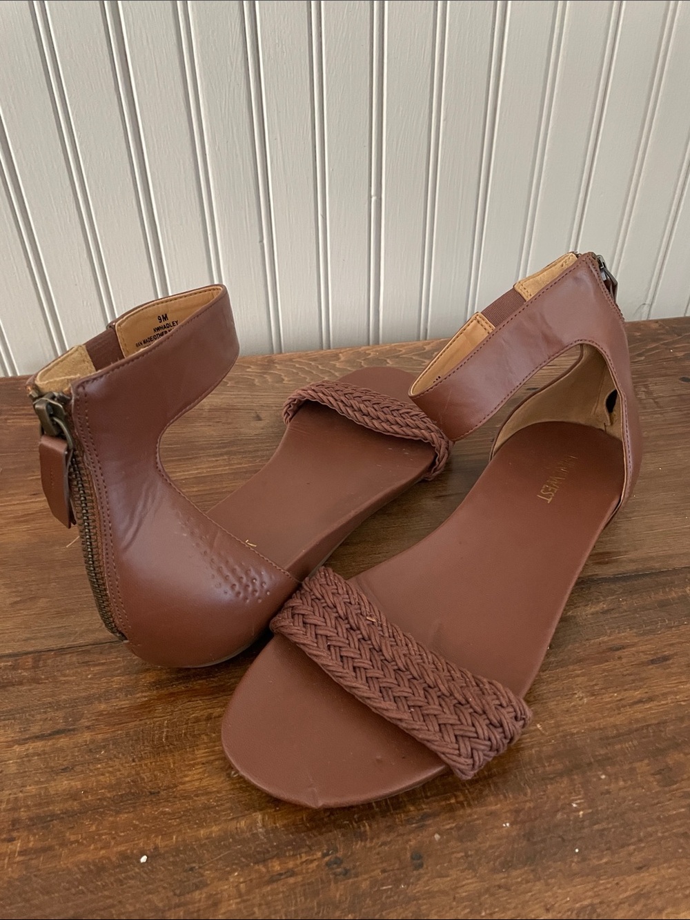 Nine West Brown Braided Ankle-Zip Sandals